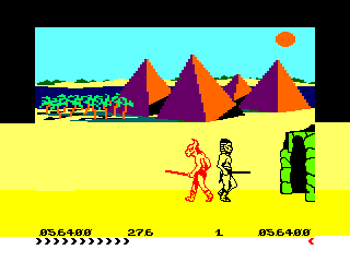 Fighting Warrior (Amstrad CPC) screenshot: (Our hero was capable of convincing the demigod that he was being exploited by the <i>Evil Pharaoh</i>.)<br> - Piece.<br> - Piece Bro.