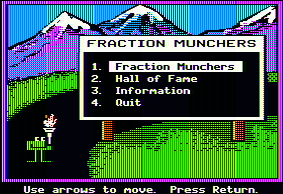 Fraction Munchers (Apple II) screenshot: Main menu