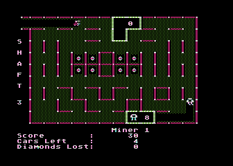 Diamond Mine (Atari 8-bit) screenshot: Shaft 3 puts 4 of the diamonds in tight spots
