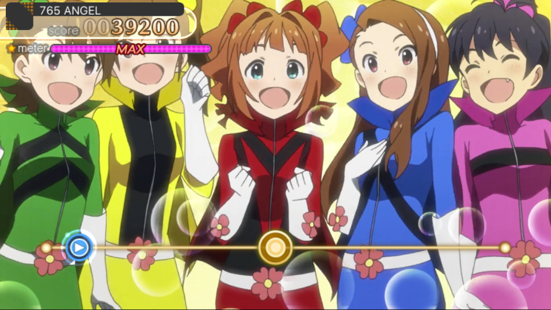 The iDOLM@STER: Shiny Festa - Rhythmic Record (iPhone) screenshot: The music video shifts to traditional animation.