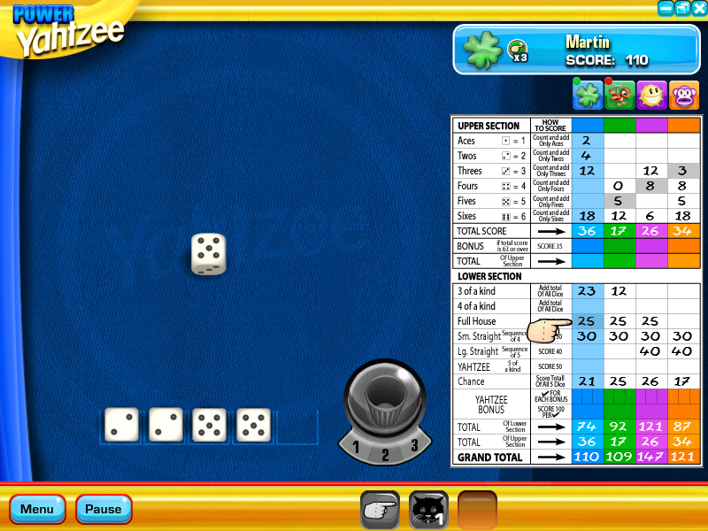 Yahtzee (Windows) screenshot: It also advises on which box to check off - not that this is a hard choice.