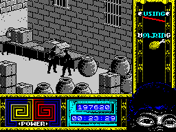 Ninja Remix (ZX Spectrum) screenshot: Level 4, "The Basement": Spicy.<br> That bag over there has a special ingredient in it. You have to spice the chicken leg with it.