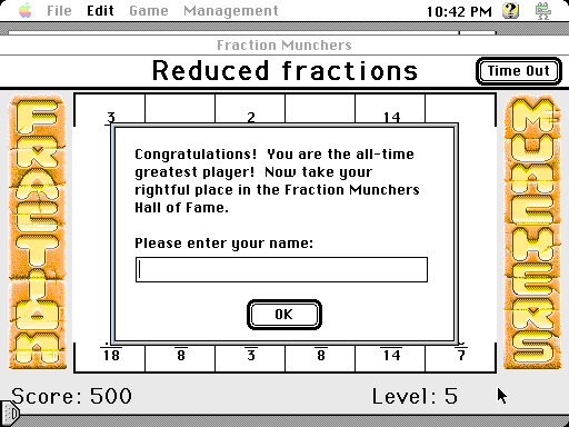 Fraction Munchers (Macintosh) screenshot: Getting a high score