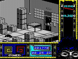 Ninja Remix (ZX Spectrum) screenshot: Level 4, "The Basement": Escaping to the Office.<br> (repeating Lalo Schifrin's Impossible Mission theme)