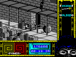 Ninja Remix (ZX Spectrum) screenshot: Level 4, "The Basement": Shadow Warrior.<br> The most important mission of this level - to steal a piece of chicken.