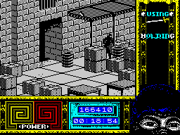 Ninja Remix (ZX Spectrum) screenshot: Level 4, "The Basement": Labyrinth of boxes.<br> (<i>Armakuni</i> is getting hysterical)<br> - Someone help me, I'm getting out of air with this mask! Where's the exit? Help! Help!