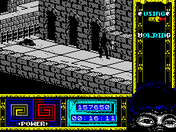 Ninja Remix (ZX Spectrum) screenshot: Level 3, "The Sewers": The <i>Molotov</i> Secret.<br> SPOILER ALERT! DON'T READ MORE!!<br> (this is the right torch to use the bottle)