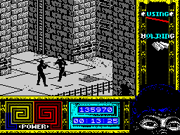 Ninja Remix (ZX Spectrum) screenshot: Level 3, "The Sewers": Manhole key.<br> Those stairs over there are misleading.