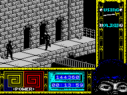 Ninja Remix (ZX Spectrum) screenshot: Level 3, "The Sewers": Only one.<br> Better to spare every piece of energy before finding the right door.