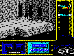 Ninja Remix (ZX Spectrum) screenshot: Level 3, "The Sewers": Smell of barbecue.<br> - Believe me, I was forced to do this. As a ninja I don't agree doing this kind of actions just for the sake of the game... I'm sorr... (sobs)