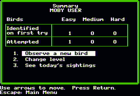 Backyard Birds (Apple II) screenshot: Summary