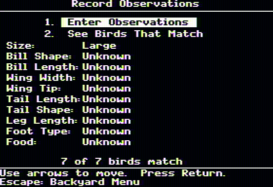 Backyard Birds (Apple II) screenshot: Record observations