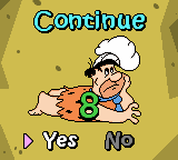 The Flintstones: Burgertime in Bedrock (Game Boy Color) screenshot: If you dies but have continues left, you get this screen