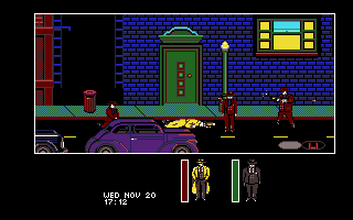 Dick Tracy: The Crime-Solving Adventure (Amiga) screenshot: Things went too far in grilling and the crook got mad and ordered his thugs to spray me down with bullets!