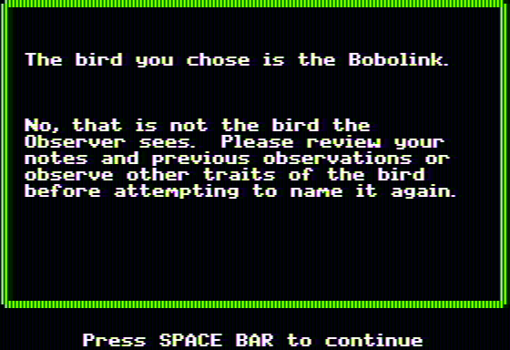 Backyard Birds (Apple II) screenshot: Wrong bird