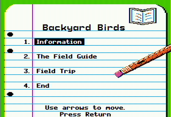 Backyard Birds (Apple II) screenshot: Main menu