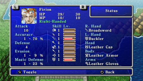 Final Fantasy II (PSP) screenshot: Character statistic with weapons skills levels