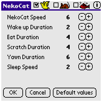 Neko (Palm OS) screenshot: Neko settings