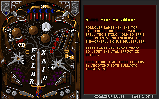 Epic Pinball (DOS) screenshot: Rules of Excalibur