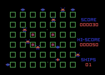 Crossfire (Atari 8-bit) screenshot: Blast opponents, but don't get caught in the crossfire! (Cartridge version)