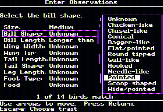 Backyard Birds (Apple II) screenshot: Entering an observation