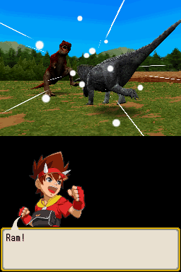 Dinosaur King (Nintendo DS) screenshot: The Triceratops tackles the T-Rex.