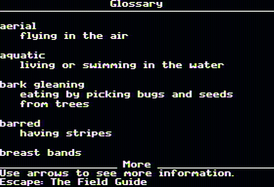 Backyard Birds (Apple II) screenshot: Glossary