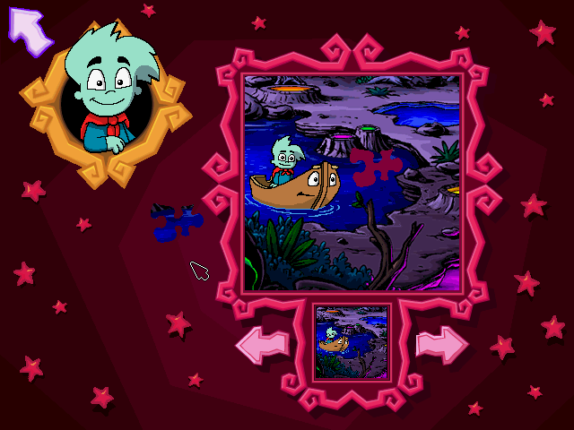 Pajama Sam: Games to Play on Any Day (Windows) screenshot: The puzzle game finally gets interesting now... Just please, Sam, shut up for a while - how can I choose the right piece at once when I can't see all of them?