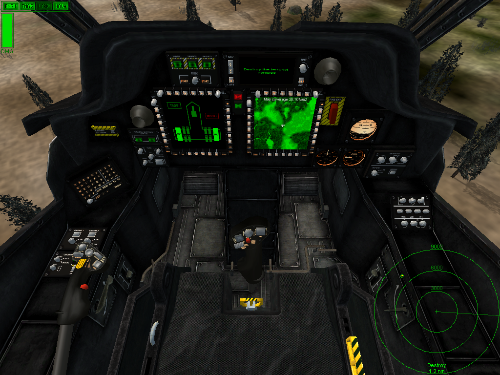 Apache Longbow Assault (Windows) screenshot: Looking downwards in the cockpit (first person view).