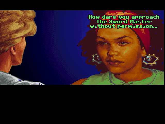 The Secret of Monkey Island (FM Towns) screenshot: Meeting Carla the Sword Master