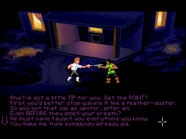 The Secret of Monkey Island (FM Towns) screenshot: Swordfighting is kinda like making love. It's not what you do but what you say what's important