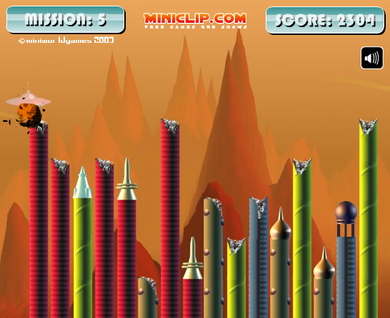 Mission Mars (Browser) screenshot: The space ship crashed on the column.