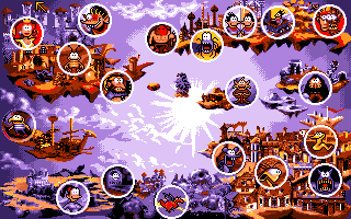 Goblins Quest 3 (Amiga) screenshot: This is "an aim of the game" screen. By selecting any place on the map we can get a hint of what should be done in each level.