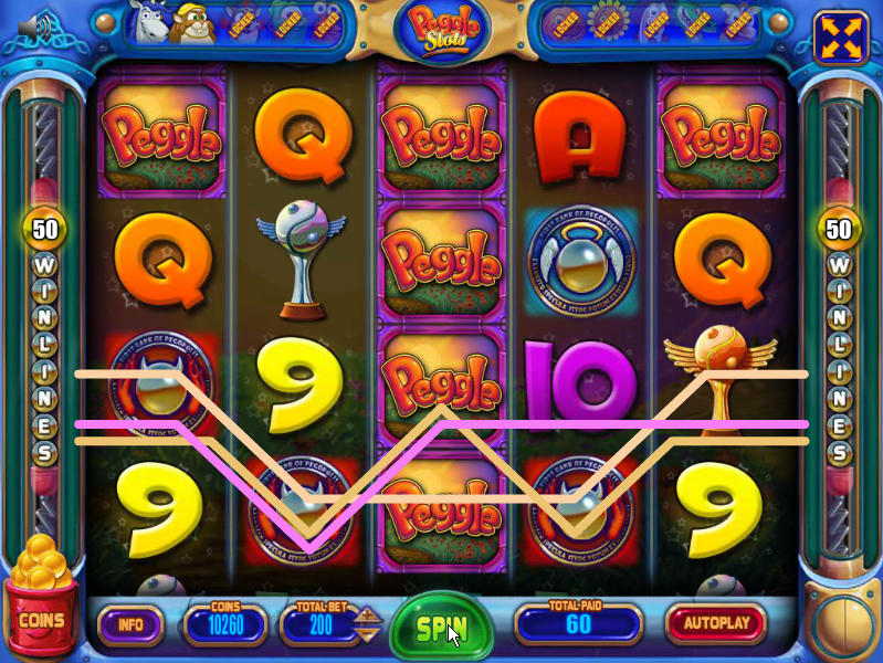 Peggle: Slots (Browser) screenshot: The Peggle icons act as wild symbols able to substitute any other symbol in a combination, except Extreme Fever.