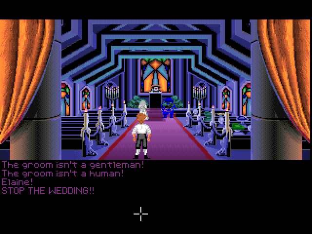 The Secret of Monkey Island (FM Towns) screenshot: Crashing the wedding, there's a reference to the 1967 movie "The Graduate" where Dustin Hoffman's character interrupts Elaine's wedding by running into the church, yelling "Elaine!"
