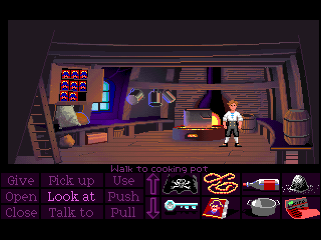 The Secret of Monkey Island (FM Towns) screenshot: In the kitchen of the Sea Monkey ship