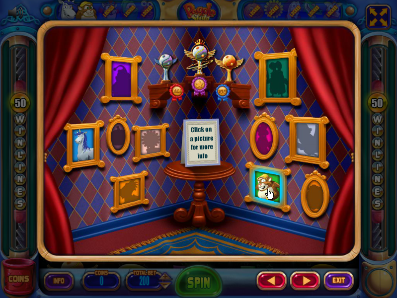 Peggle: Slots (Browser) screenshot: You can return here to find info on the bonus round mini games for each Peggle master.