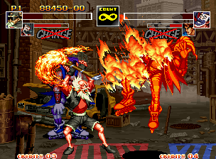 Kizuna Encounter: Super Tag Battle (Neo Geo) screenshot: Chung uses his super move SenninHappa, in an successful attempt to hit-finish Joker's air offensive.