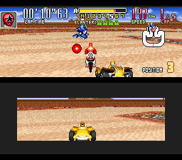 Saban's Power Rangers Zeo: Battle Racers (SNES) screenshot: Red Ranger shots a Blaster against Blue Ranger, while Zeo Ranger 2 (Yellow) tries to be the 3rd one!
