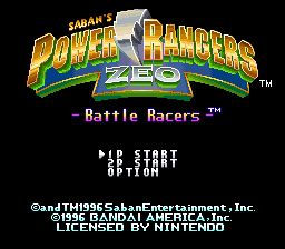 Saban's Power Rangers Zeo: Battle Racers (SNES) screenshot: Title screen / Main menu.