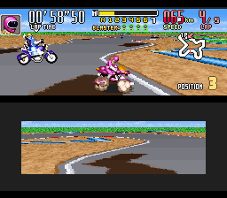 Saban's Power Rangers Zeo: Battle Racers (SNES) screenshot: After a successful attack in King Mondo, Pink Ranger accidentally loses her balance in a oil slick