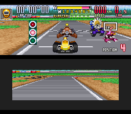 Saban's Power Rangers Zeo: Battle Racers (SNES) screenshot: Course grid: about to start the running session, Yellow Ranger puts some RPM into her Dune Buggy...