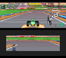 Saban's Power Rangers Zeo: Battle Racers (SNES) screenshot: Zeo Ranger 4 (Green) attempts to take Gold Ranger's 1st position, when a speed energizer is found...