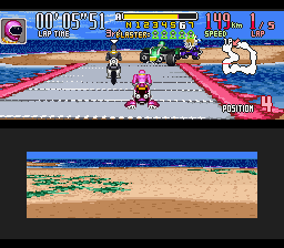 Saban's Power Rangers Zeo: Battle Racers (SNES) screenshot: While crosses a bridge, Pink Ranger starts to plan a strategy to win Gold Ranger's third position.