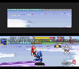 Saban's Power Rangers Zeo: Battle Racers (SNES) screenshot: Meanwhile, Blue Ranger takes full advantage of a speed-boost ramp and gets more near of Red Ranger.