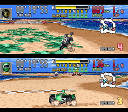 Saban's Power Rangers Zeo: Battle Racers (SNES) screenshot: Together with Zeo Ranger 4 (Green), Gold Ranger starts to domain the next curves in South Island 1!