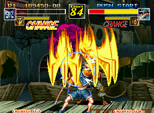 Kizuna Encounter: Super Tag Battle (Neo Geo) screenshot: Chung uses his defensive stance to block successfully Gozu's next offensive: his attack MetsuSassou.