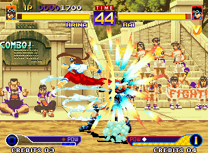 Waku Waku 7 (Neo Geo) screenshot: After taking advantage of Rai's open guard, Arina starts a combo through her ES Move Arina Tornado.