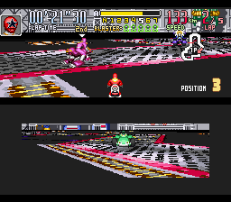 Saban's Power Rangers Zeo: Battle Racers (SNES) screenshot: Unfortunately, Zeo Ranger 5 (Red) loses the balance and falls off the edge in Rangers Base 1 course.