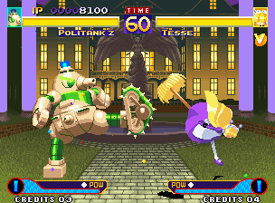 Waku Waku 7 (Neo Geo) screenshot: Without more counterattacks in mind, Politank Z and Tesse perform simultaneously their Strong Kicks.